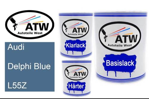 Audi, Delphi Blue, L55Z: 1L Lackdose + 1L Klarlack + 500ml Härter - Set, von ATW Autoteile West.